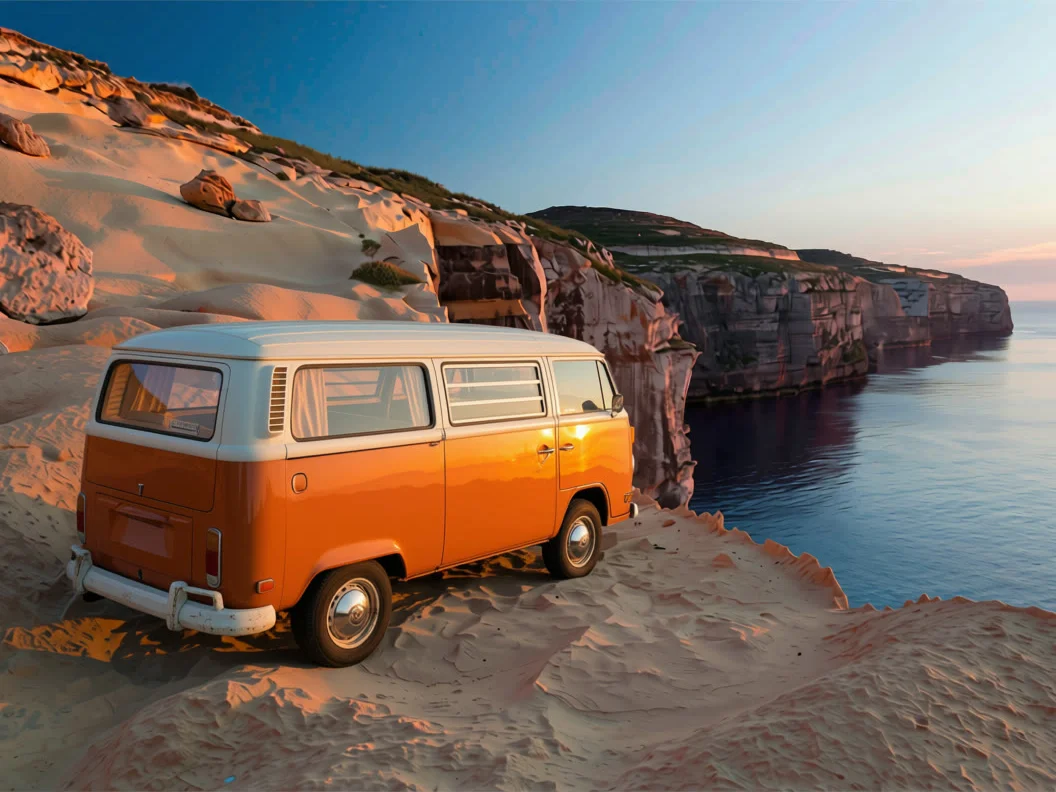 Furgoneta naranja de los años 70 en un acantilado de Malta
